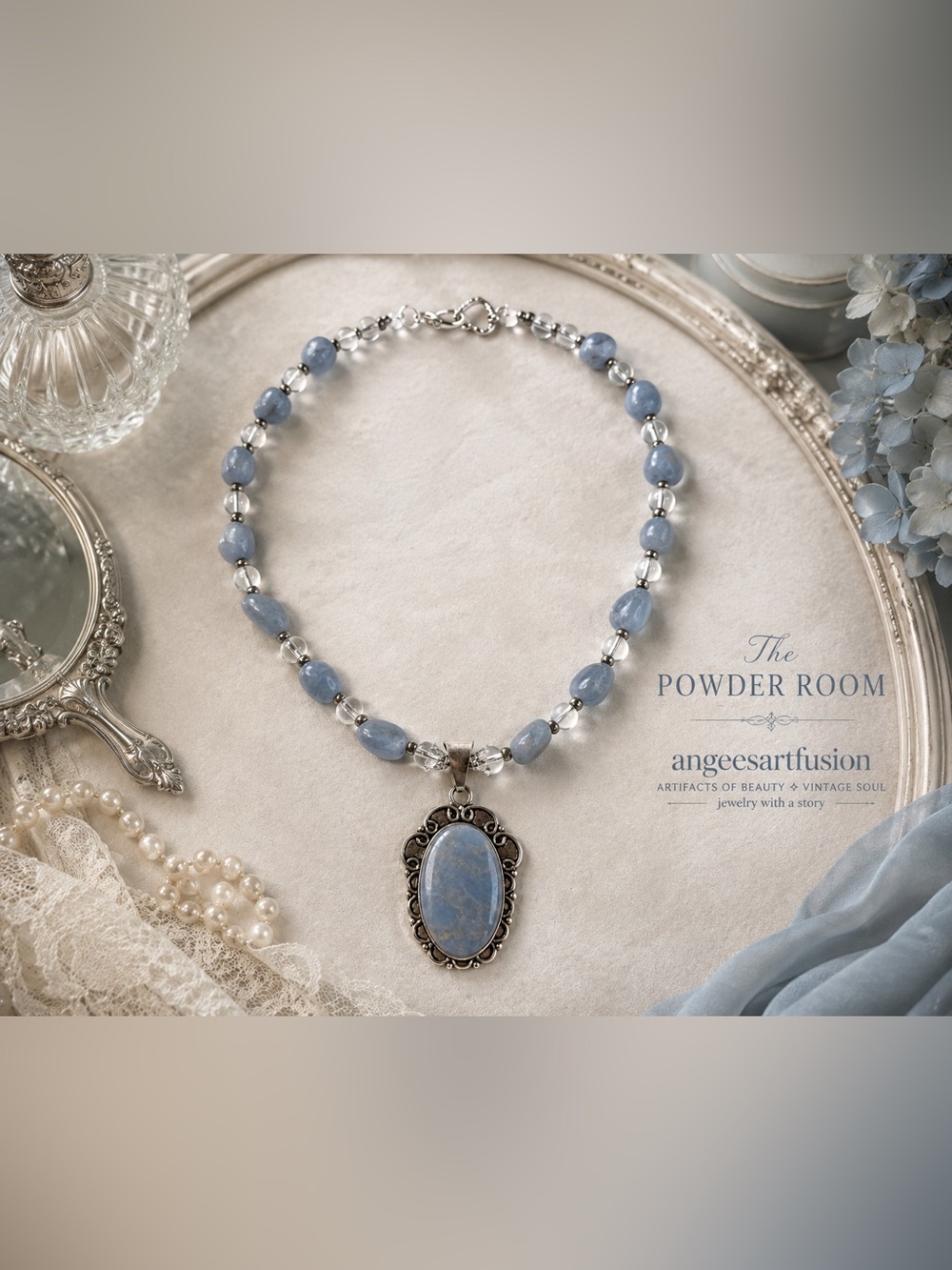 “The Powder Room”-Angelite Gemstone & Glass Statement Necklace